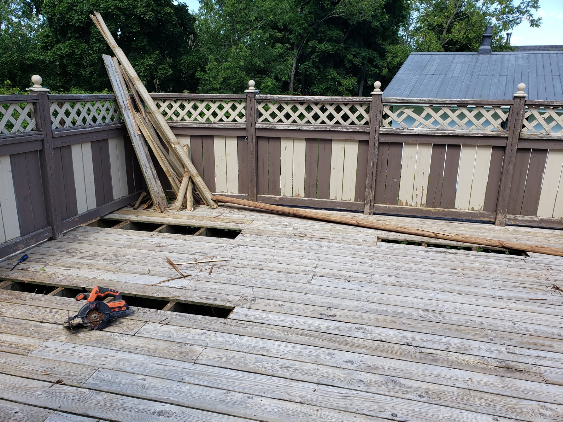 Weathered deck rebuilt and restained — before, Cambridge